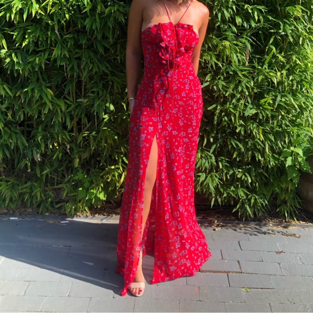 Red / floral rat and boa dress